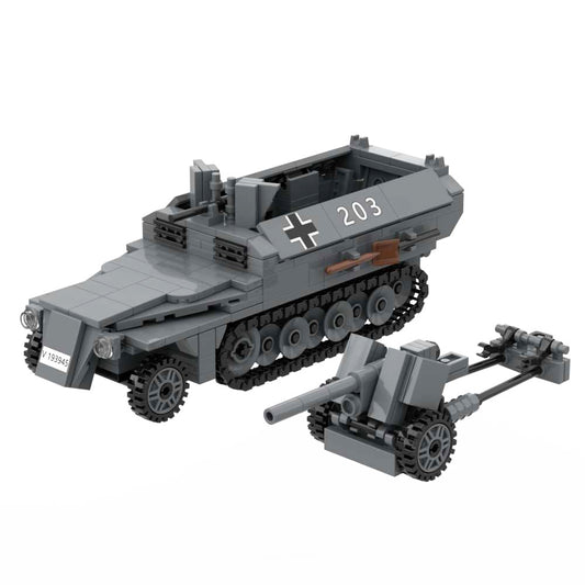 WW2 German Army SdKfz 251 Ausf D Armored Half Track Carrier with Pak40 Anti-Tank Gun Camouflage Military Block Toy